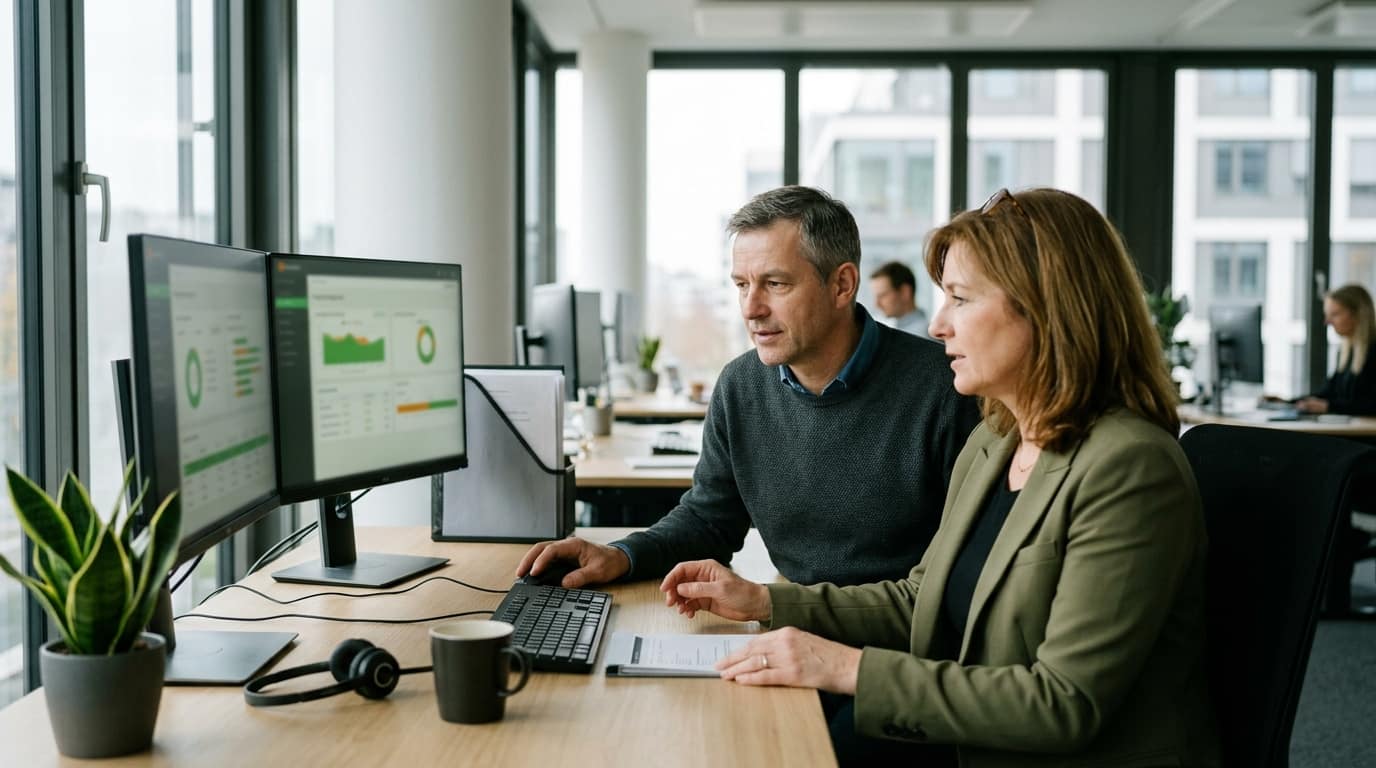Zwei Mitarbeitende einer Immobilienverwaltung arbeiten gemeinsam an einem Laptop in einem hellen Büro