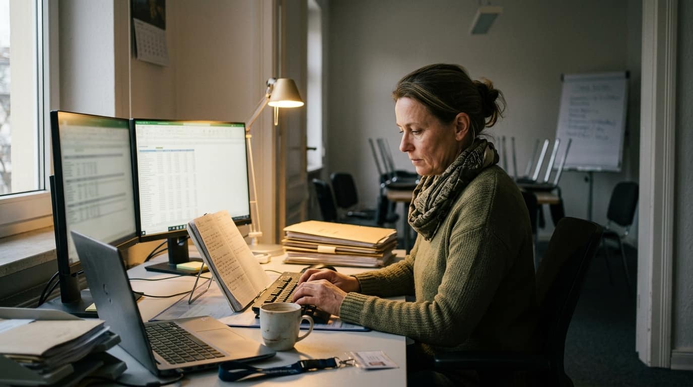 Verwalterin am Schreibtisch tippt Notizen von einem handschriftlichen Block in zwei Bildschirme ab, im Hintergrund der Versammlungsraum mit noch verschobenen Stühlen